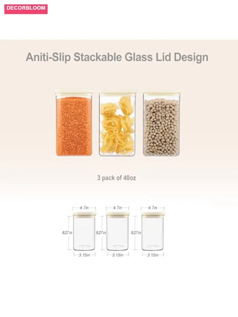 3 Pack Glass Food Storage Jars with Airtight Glass Lids, 40oz